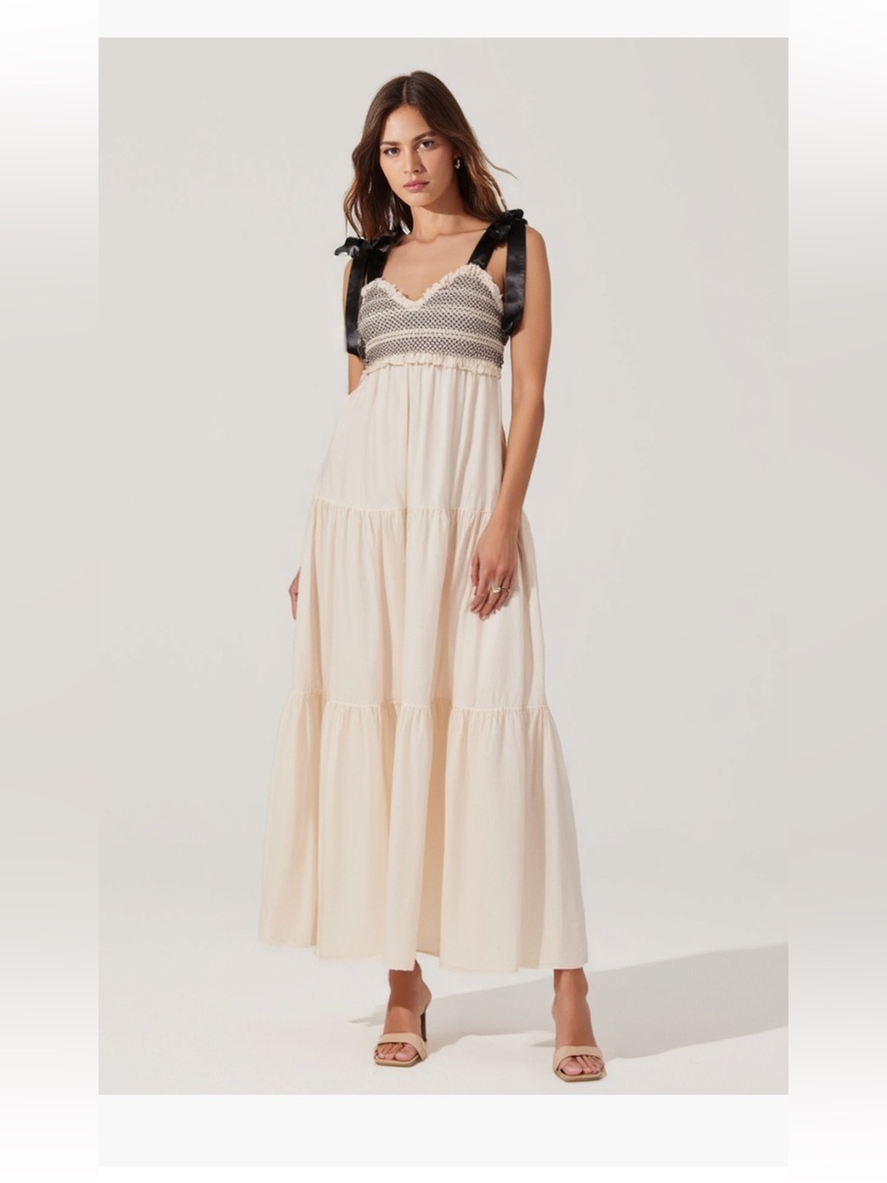 Modenaire Sleeveless Cream Maxi Dress with Black Ribbon Adjustable Straps